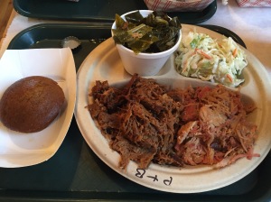 pulled pork and chopped brisket - collard greens, and coleslaw with a pumpkin muffin